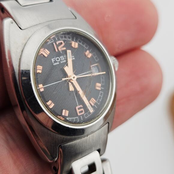 Fossil Women's Silver Tone Boyfriend Watch Black Rose Gold Calendar Dial AM-3913 - Picture 3 of 7